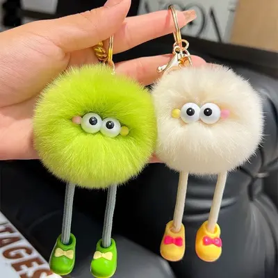 Long-legged imitation Rex rabbit plush keychain, small charcoal ball pendant - 3