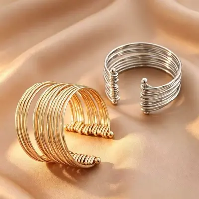 Euro-American Cross-Border Best-Selling Multi-Layer Corrugated C-Shaped Open Bracelet Luxury Trendy Hip-Hop Bangle Minimalist Pleated Style