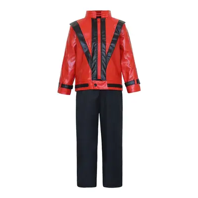 Çocuk Jackson Thriller cosplay takımı, kırmızı siyah deri ceket ve pantolon
