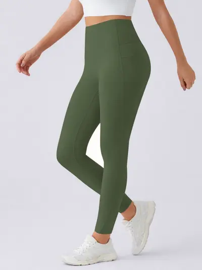 Solid Color Yoga Pants with Side Pockets, Nude-Feel Sports Shorts - 9