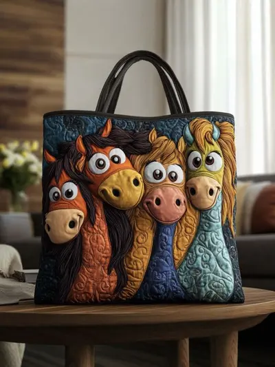 Handgefertigte Tote Bag mit Fuchs-, Schildkröten- und Buchmotiv, Reisetasche