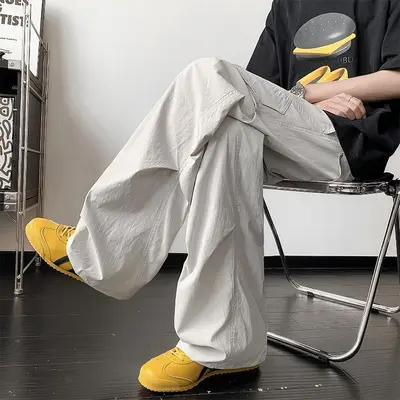 Men's Pleated Parachute Trousers, Wide Leg, Summer