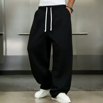 Cross-border Europe and America Men's High-Waist Drawstring Drape Floor-Length Casual Straight-Leg Pants, Versatile Loose Wide-Leg Sports Sweatpants