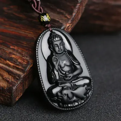 Natural Obsidian Buddha Necklace, Eight Guardian Angels, Zodiac