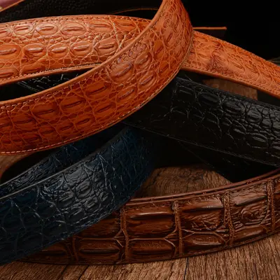 Crocodile patterned men's belt made from high quality leather, automatic buckle, headerless, wholesale.