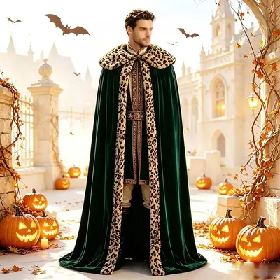 Unisex Long Green Velvet Cape with Leopard Print, Halloween Cosplay - 7