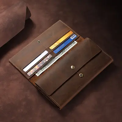 Men's Vintage Crazy Horse Leather Long Wallet, Tri-Fold, Genuine Leather, Cowhide - 7