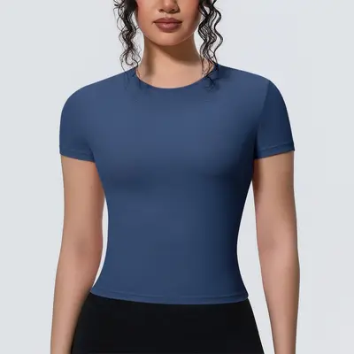 Çapraz Sınır Yeni Model Spor Çıplak Hissi Bel Toplayıcı İnce Kısa Kollu Nefes Alabilen Yoga Giyim T-Shirt Koşu Antrenmanı Fitness Üstü Kadın - 11