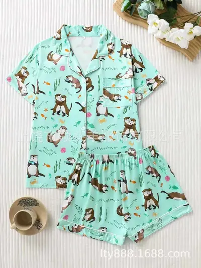 Women's Pajama Set with Pink Dinosaur Print and Button-Up Lapel - 10