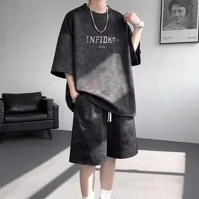 Retro Batik Kısa Kollu Erkek Takım Elbise, Bol Kesim Yazlık Amerikan Sokak Modası