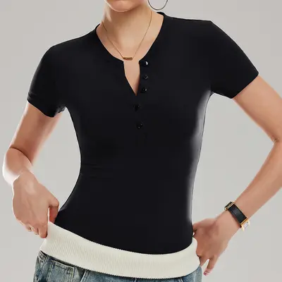 Summer Yoga Henley Shirt, Short Sleeve, Stretch Slim Fit, Running and Training - 12