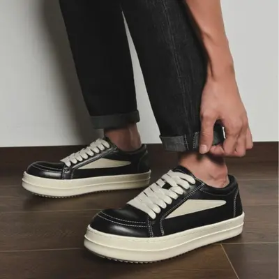 Men's Genuine Leather Lace-Up Thick-Sole Sneaker, Black, Height-Increasing