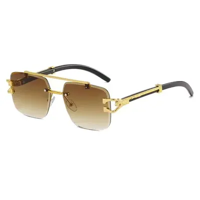 Frameless Square Sunglasses, Leopard Print, Wood-Grain Temples, UV Protection - 8
