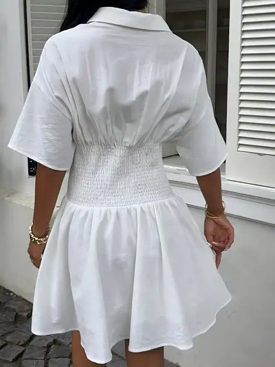 White Women's Vacation Dress, Solid Color, Waist-Cinching, Short Sleeve Shirt Dress