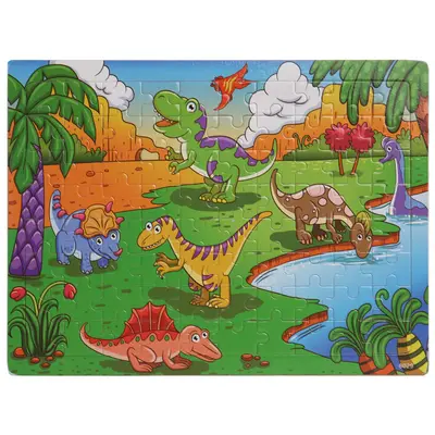Ahşap 80 Parça Puzzle, Karikatür Dinozor ve Hayvanlar - 10