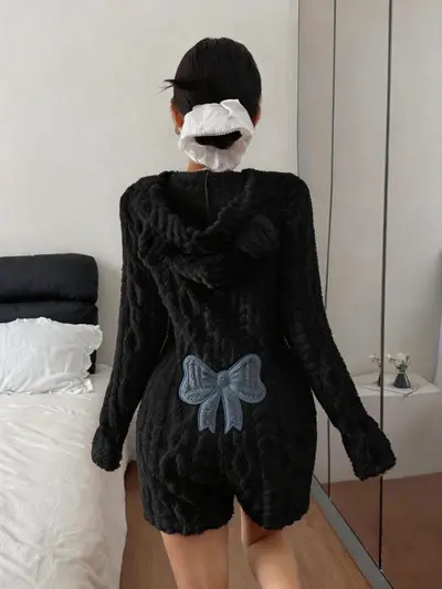 Women's Hooded Long Sleeve Plush Jumpsuit with Bow Pattern