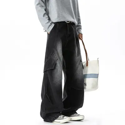 Men's Black Jeans, Loose Straight-Leg Wide-Leg Pants with Patchwork