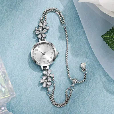 Floral rhinestone women's watch pull-string bracelet - 3