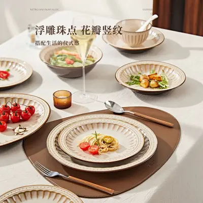 Retro Kahverengi Amber Seramik Yemek Takımı, Restoran Biftek ve Salata Tabağı