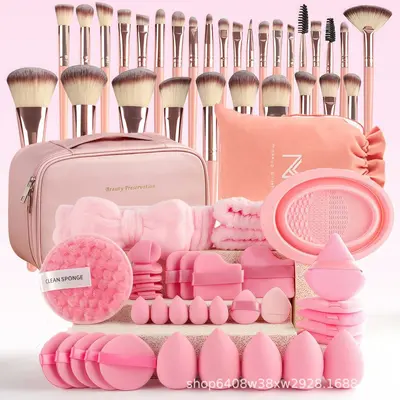 67-Piece Brown Makeup Brush and Powder Puff Set, 30 Brushes