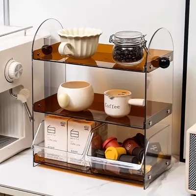 Cosmetics storage rack, desktop, with cup and tea bag compartments