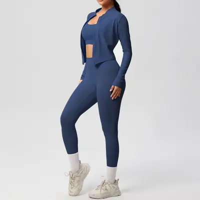 Women's Three-Piece Solid Color Yoga Running Sports Set, Double-Sided Brushed - 9