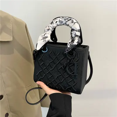 Princess Diana Style Women's Shoulder Bag, Embroidered, Silk Scarf Detail