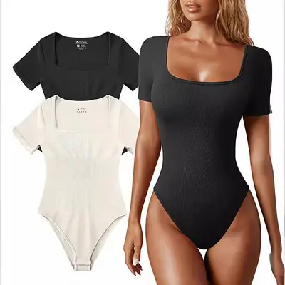 Kadın Kare Yaka Kısa Kollu Fitilli Dar Tulum, Yaz Modeli