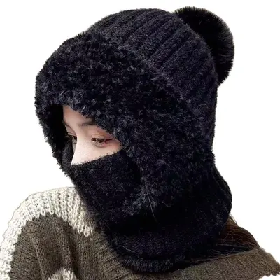 Cross-border Labelable Women's Hat Winter Warm Knitted Hat Scarf Mask Three-in-One Unisex Outdoor