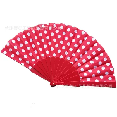 Single-Sided Fabric Polka Dot Folding Dance Fan with Plastic Ribs, White - 10