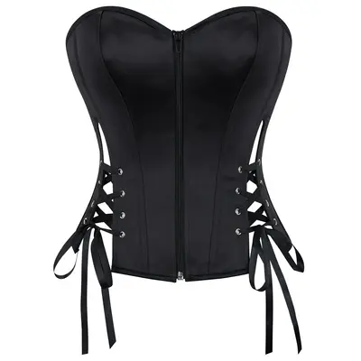 Black Punk Strappy Zippered Corset, Waist-Slimming and Bust-Supporting