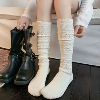 Thin Lace Women's Long Socks, Japanese Style Hollow Vintage Boot Socks