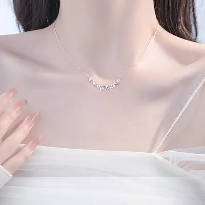 Glisin çiçeği kadın kolyesi, zirkon taş, dekolte zinciri, gümüş - 4