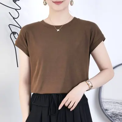 TikTok Fledermaus-Ärmel T-Shirt für Frauen, Rundhalsausschnitt, Sommer einfarbig, einfaches Farbblock-Design mit kurzen Ärmeln, Freizeit für Frauen, vielseitig, lockeres Kurzarm-T-Shirt. - 12