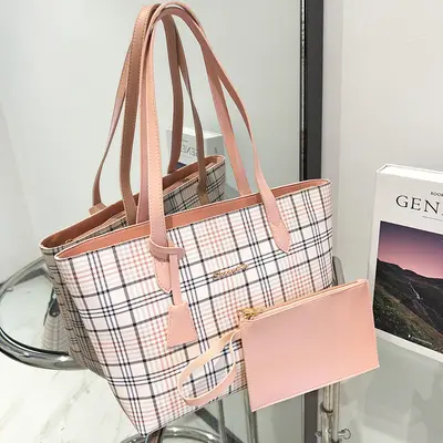 Plaid Print Tote Bag Set, 2 Pieces, Single Shoulder Strap - 8
