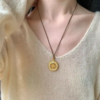 Silver rotatable Eight Treasures compass pendant, long sweater chain - 5