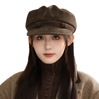 Women's Autumn Winter Suede-Look Octagonal Peaked Cap, Retro Style