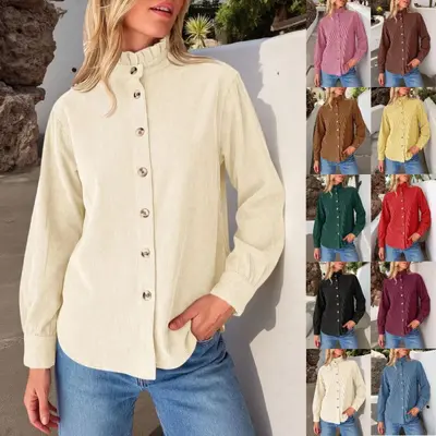 Women's Solid Color Ruffle Collar Corduroy Shirt Jacket