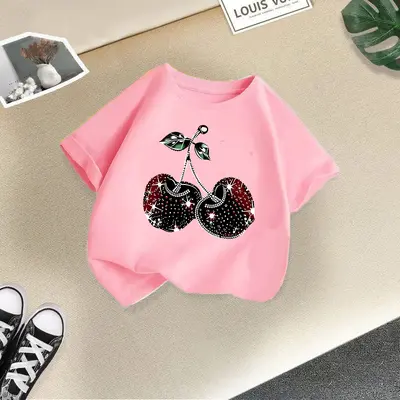 Mädchen-Kurzarm-T-Shirt mit Kirschdruck, Sommer - 8