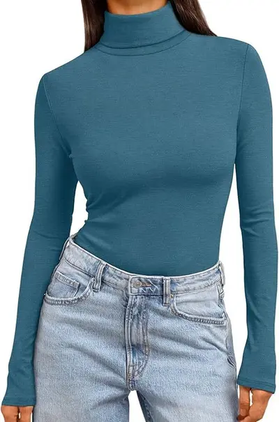 High Neck Long Sleeve Women's Base Layer Top, Solid Color Slim Fit - 9