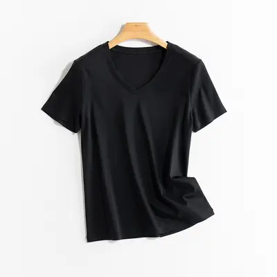 Kadın Güneş Korumalı Beyaz V Yaka T-Shirt, Dut İpeği ve Merserize Pamuk Karışımı, Gevşek K - 8