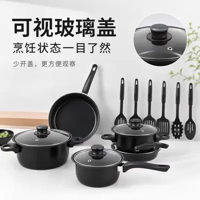 Grenzüberschreitendes 13-teiliges Kochgeschirr-Set mit Antihaftbeschichtung, Bratpfanne, Kochtopf, Pfanne, Milchtopf, Pfannenwender und Spatel-Set, Haushaltsküche, Küchengeräte