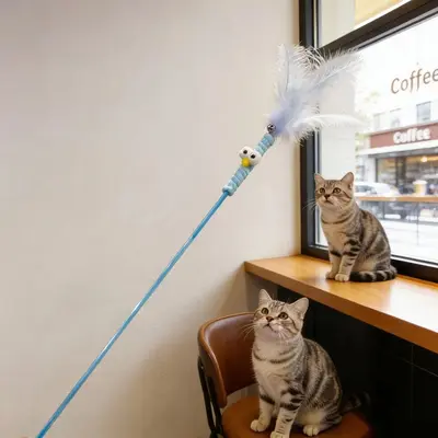 Feather Teaser Wand Cat Toy with Big Eyes and Bell, Self-Play - 4