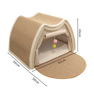 Cat Tent with Sisal Scratching Board, Extra Large Enclosed Cat House, Solid Wood - 10