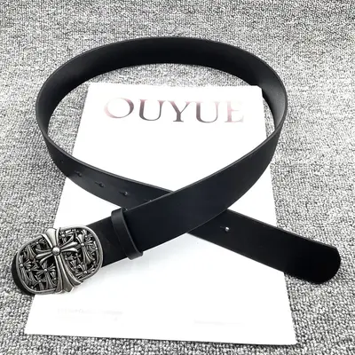 American Vintage Cross Metal Buckle Belt Unisex Kro New Design Y2K Black Embossed Leather Belt - 12