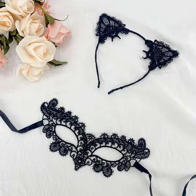 Black Lace Half Face Mask and Cat Ear Headband Set