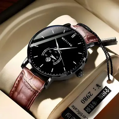 Black technology leather strap men's watch, Korean style, ultra-thin design - 12
