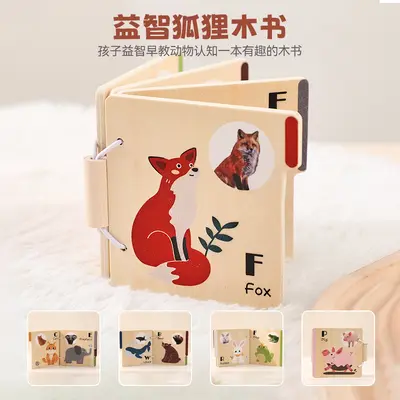 Holzbuch für Babys mit Tieren, Pflanzen und Insekten, Lernbuch mit englischen Wörtern