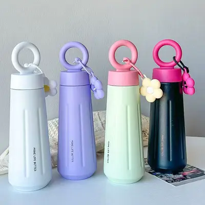 316 Paslanmaz Çelik Çiçek Desenli Termos Bardak Taşıma Kulplu 500ml - 2