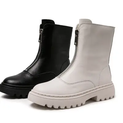 Women's Genuine Leather Mid-Calf Boots, Thick Sole, Front Zipper